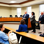 **

"A diverse group of people attending a city council meeting. Focus on the engagement and interaction: some are speaking at the podium, others are listening intently, and a few are reviewing documents. The room should be a typical municipal building, conveying a sense of civic participation and the importance of local government. The atmosphere is collaborative and democratic. Use a bright, inviting color palette. Style: Realistic, possibly with a slightly painterly effect."

**