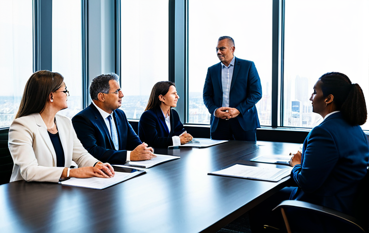 A diverse group of professionals, including government officials, non-profit leaders, and private sector representatives, fully clothed in professional business attire, are seated around a sleek, modern conference table. They are engaged in an intense, collaborative discussion, with some individuals gesturing thoughtfully while others review digital presentations on large screens and documents spread across the table. The room is brightly lit, featuring contemporary architecture and a backdrop of a city skyline seen through large windows. The atmosphere is one of focused problem-solving and professional debate, reflecting an intricate policy formulation process. All subjects exhibit perfect anatomy, correct proportions, natural poses, well-formed hands, proper finger count, and natural body proportions. This is a high-quality, professional photograph, appropriate content, safe for work, and family-friendly.