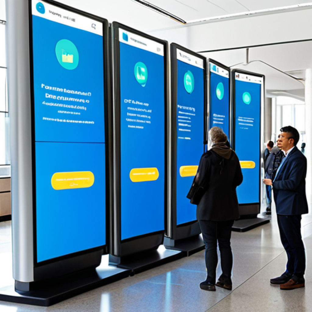 Modern City Hall Digital Engagement**
"A bustling, brightly lit modern city hall lobby featuring interactive digital kiosks where diverse citizens are accessing government services. Some are using touchscreens, others are interacting with helpful AI chatbot avatars displayed on large monitors. The scene includes families, young professionals, and senior citizens. The overall impression is one of efficient, accessible, and user-friendly government services. Ensure the scene is safe for work, appropriate content, and everyone is fully clothed in professional or everyday modest attire. Perfect anatomy, correct proportions, natural pose, professional photography, high quality."
**