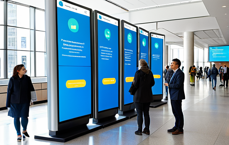 Modern City Hall Digital Engagement**
"A bustling, brightly lit modern city hall lobby featuring interactive digital kiosks where diverse citizens are accessing government services. Some are using touchscreens, others are interacting with helpful AI chatbot avatars displayed on large monitors. The scene includes families, young professionals, and senior citizens. The overall impression is one of efficient, accessible, and user-friendly government services. Ensure the scene is safe for work, appropriate content, and everyone is fully clothed in professional or everyday modest attire. Perfect anatomy, correct proportions, natural pose, professional photography, high quality."
**