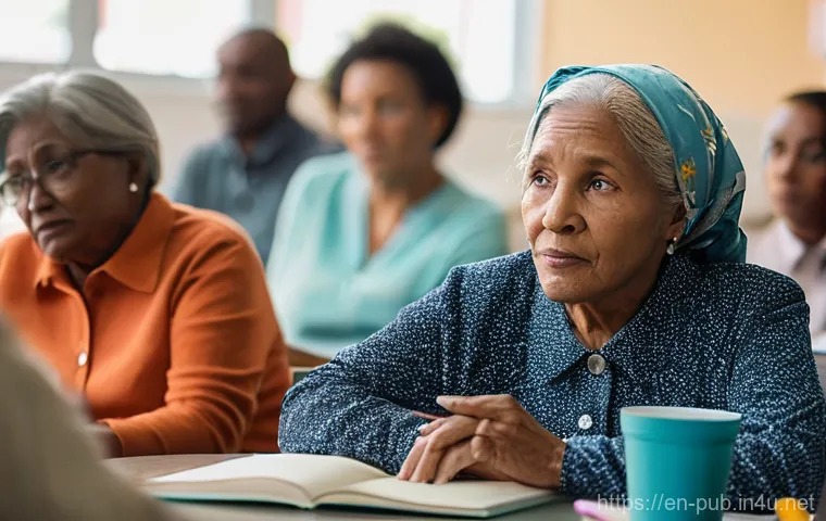 공공정책 전문가 필수 소프트 스킬 - **Empathetic Understanding in a Community Meeting:**
A realistic, cinematic photograph of a fema...